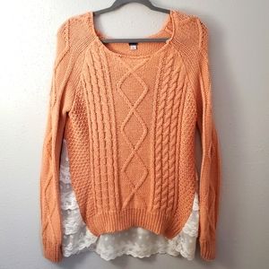 POOF! made with love Sweater Cable Knit blush pink orange with lace knit back